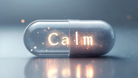 Transparent capsule containing glowing particles and the word "Calm" illuminated inside, representing relaxation, mental peace, and stress relief in a conceptual design.の素材
