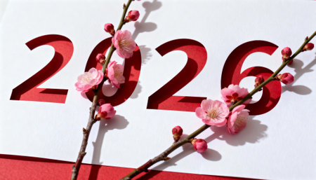 Pink cherry blossoms on delicate branches placed over red cutout numbers "2026" on white paper. Represents New Year, spring, renewal, and festive celebration themes.の素材