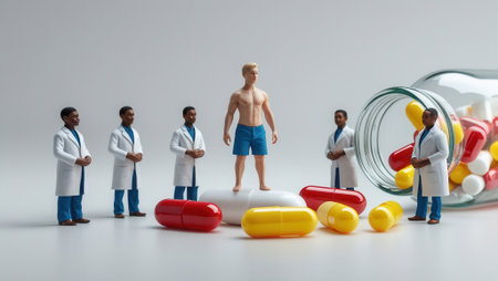 Miniature doctors in white coats standing around a man on a large pill, with colorful capsules and an open glass jar scattered on a white surface.の素材