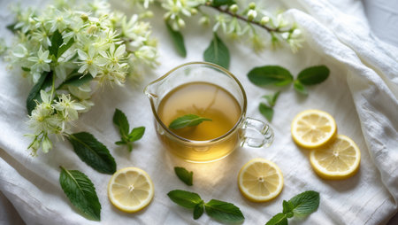 Glass pitcher filled with herbal tea garnished with a mint leaf, surrounded by fresh lemon slices, mint leaves, and delicate white flowers on a soft white fabric.の素材