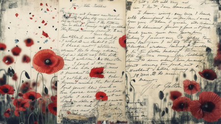 Vintage handwritten letters with red poppy flowers and artistic design elements, evoking nostalgia and romance.の素材