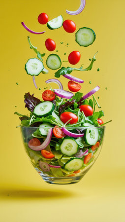 Fresh vegetable salad featuring sliced cucumber, cherry tomatoes, red onion, and mixed greens in a glass bowl. Ingredients appear to be floating above the bowl against a vibrant yellow background.の素材