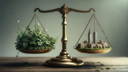 A vintage brass balance scale with greenery on one side and miniature urban buildings on the other, symbolizing the balance between nature and urbanization. Ideal for sustainability concepts.の素材