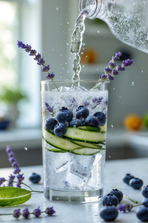 Glass of infused water with fresh blueberries, cucumber slices, lavender sprigs, and ice cubes. Water being poured into the glass, creating a refreshing summer drink.の素材