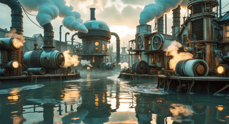 Steampunk-themed industrial cityscape featuring intricate steam-powered machinery, water canals, and glowing lights under a warm sunset sky. Reflective water adds depth.の素材