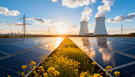 Solar panels in a vibrant field of yellow flowers with nuclear power plant cooling towers emitting steam in the background, set against a city skyline at sunset.の素材