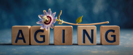 Wooden blocks arranged to spell "aging" with a delicate passionflower placed on top. The composition is set against a textured blue background, symbolizing aging and nature.の素材
