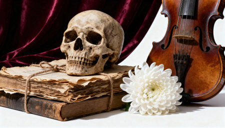 Skull with violin and chrysanthemum arranged on worn books in a classic still life composition that evokes antique mood and contemplative atmosphere with textured pages, polished wood and fabric backdropの素材