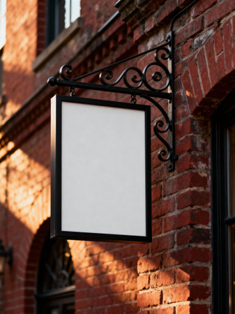 Blank rectangular hanging signboard with a decorative black metal frame mounted on a red brick wall. Sunlight casts shadows on the wall, creating a warm and inviting atmosphere, perfect for branding or advertising.の素材