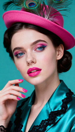 Stylish woman with bold pink and blue makeup, wearing a pink hat adorned with peacock feathers. Dressed in a teal satin outfit with black lace details, posing confidently.の素材
