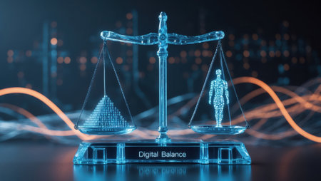 Transparent futuristic balance scale featuring holographic binary code on one side and a human figure on the other. Illuminated with blue light and glowing lines in a dark setting.の素材