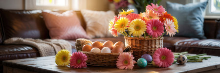Bright gerbera daisies in a wicker basket alongside colorful Easter eggs and fresh brown eggs on a wooden table. Cozy living room with soft cushions in the background.の素材