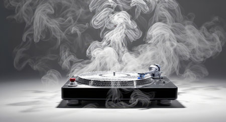 Turntable sits on a studio surface with swirling smoke and directional lighting that emphasizes texture and detail while open negative space above the subject provides room for text and brandingの素材