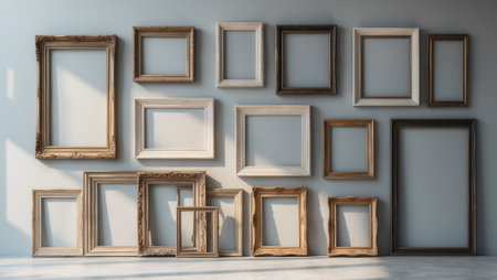 Empty vintage wooden picture frames of various sizes and designs arranged on a light gray wall. Natural sunlight casts soft shadows, creating a minimalist aesthetic.の素材