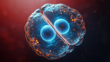 Detailed visualization of a cell in the process of mitosis, showing two distinct nuclei surrounded by a glowing membrane. Ideal for biology, science, and education themes.の素材