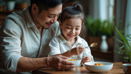 Father and young daughter sharing a joyful moment while eating breakfast together at a wooden table in a warm, cozy kitchen with natural light.の素材