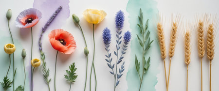 Flat lay composition featuring vibrant wildflowers, lavender sprigs, wheat stalks, and green leaves arranged on a pastel watercolor background.の素材