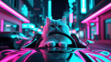 Fluffy white cat sitting behind the steering wheel of a sleek car in a neon-lit futuristic cityscape. Vibrant pink and blue lights illuminate the urban night scene.の素材