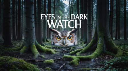 Owl with piercing eyes emerges from mossy forest floor in a dark woodland. Text "Eyes in the Dark Watch" adds an eerie, mysterious atmosphere to the scene.の素材