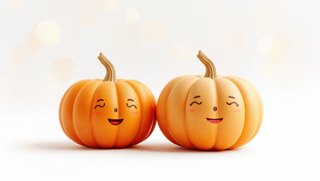 Two orange pumpkins with adorable smiling faces, placed side by side on a white background. Perfect for autumn, Halloween, or Thanksgiving-themed designs.の素材