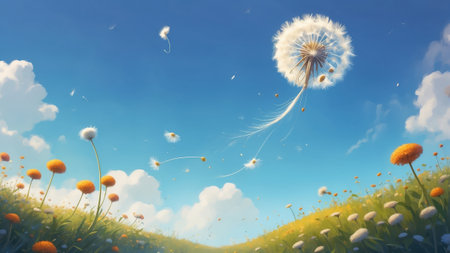 A vibrant meadow filled with blooming dandelions and wildflowers under a clear blue sky. Dandelion seeds float gently in the breeze, creating a serene and dreamy atmosphere.の素材