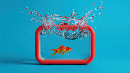 Goldfish inside a modern rectangular red aquarium with dynamic water splashes against a bright blue backdrop. Creative aquatic concept with vivid colors.の素材
