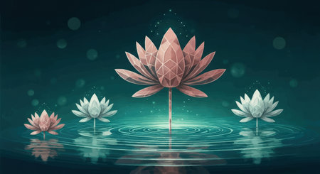 Lotus flower on water with bokeh effect. Vector illustration.の素材