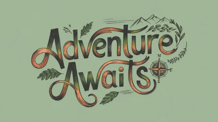 The phrase Adventure Awaits is beautifully illustrated with flowing typography, surrounded by nature elements like mountains and leaves, evoking a sense of wanderlust and the thrill of explorationの素材