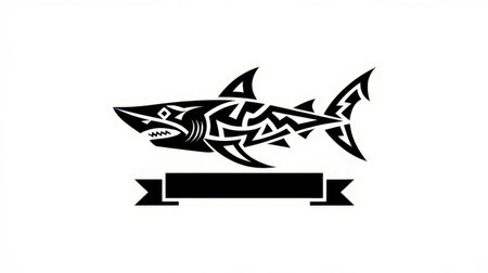 A striking tribal shark illustration featuring detailed patterns and bold lines, symbolizing strength and power in marine life. This design is perfect for tattoos, artwork, or brandingの素材