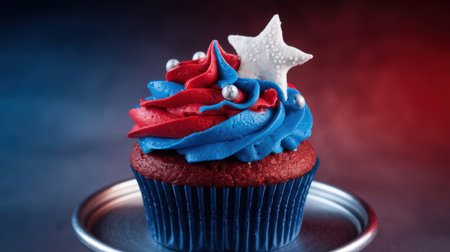 Red, white, and blue cupcake with star-shaped decoration on top, symbolizing patriotic celebration, placed on a metallic plate against a gradient background.の素材