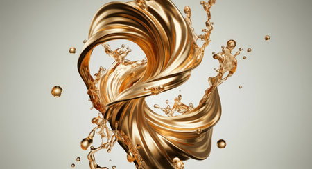 Abstract golden liquid splash forming a dynamic swirling shape on a light background, symbolizing luxury and elegance.の素材