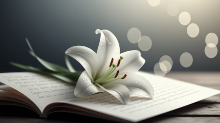 White lily flower with water droplets resting on an open book, soft bokeh lights in the background, symbolizing peace and serenity.の素材