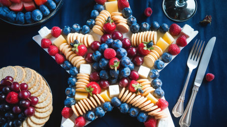 Star-shaped charcuterie board with assorted fruits, cheeses, and crackers on a dark blue tablecloth, perfect for festive celebrations or gatherings.の素材