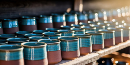 Handcrafted ceramic mugs with turquoise glaze displayed on wooden shelves in a pottery studio.の素材