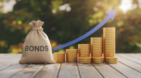 Visual representation of bonds investment featuring a money bag labeled BONDS alongside a growing stack of coins and an upward arrow, symbolizing financial growth and stability in investmentsの素材