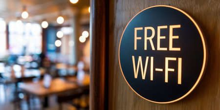 A stylish sign displaying Free Wi-Fi hangs on a wooden wall in a warm, inviting cafÃ©. The background features blurred tables and soft lighting, creating a welcoming atmosphere for customers to relax and connectの素材