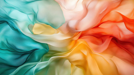 A stunning display of colorful silk fabric gracefully flowing in vibrant waves of blue, orange, and yellow, creating a sense of movement and elegance. This abstract design captures the beauty of textiles and can enhance various creative projectsの素材