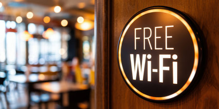 A prominent sign displaying Free Wi-Fi in a warm cafÃ© setting, encouraging patrons to enjoy connectivity while savoring their favorite beverages and meals in a relaxed atmosphereの素材
