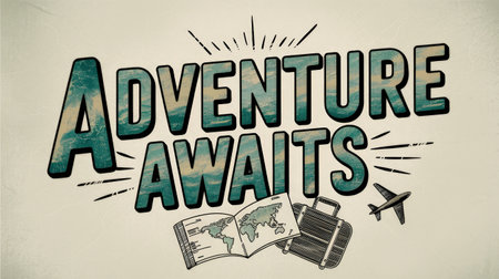 The phrase Adventure Awaits is creatively illustrated alongside a suitcase and a world map, symbolizing the excitement of travel and exploration. Perfect for inspiring wanderlust and adventure seekersの素材