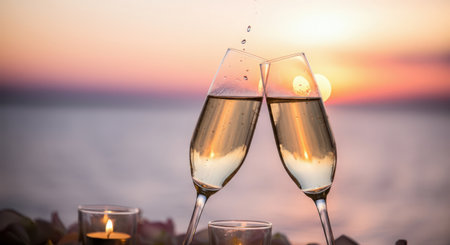 Two champagne glasses clinking together at sunset with candles and ocean view, symbolizing celebration and romance.の素材