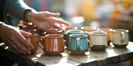 Hands arranging colorful ceramic mugs on a wooden table in a vibrant market setting.の素材