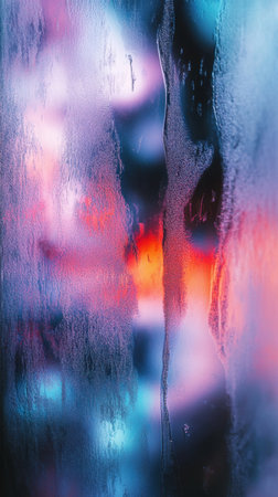 A mesmerizing view of colorful blurred lights seen through a foggy glass surface, creating an abstract and dreamy atmosphere that evokes feelings of warmth and mysteryの素材