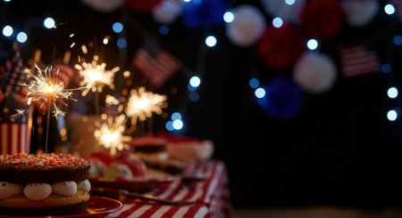 Festive Independence Day celebration with sparklers and a decorated cake with copy-space, place for text..の素材