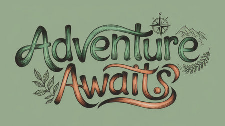 The phrase Adventure Awaits is beautifully illustrated with vibrant colors and artistic elements, evoking a sense of wanderlust and the excitement of exploring nature and new horizonsの素材