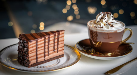 A tempting slice of chocolate cake drizzled with rich chocolate sauce, paired with a steaming cup of hot chocolate topped with whipped cream and chocolate shavings, perfect for dessert loversの素材