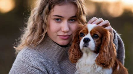 A young woman with wavy hair lovingly cuddles her Cavalier King Charles Spaniel in a serene outdoor setting, showcasing the bond between pets and their owners in a warm, affectionate momentの素材