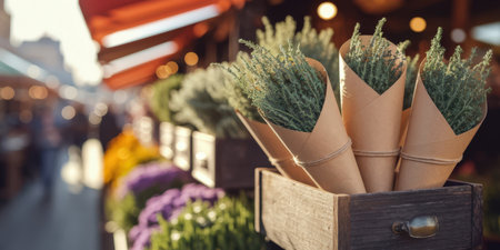 Fresh herbs in paper cones at a vibrant market with colorful flowers in the background.の素材