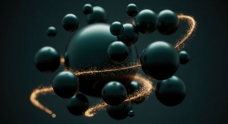 Abstract 3D rendering of black spheres with golden glowing particles swirling around on a dark background.の素材