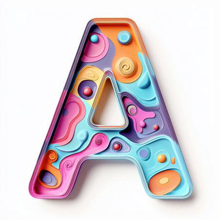 A vibrant and artistic representation of the letter A, featuring playful swirls and shapes in a mix of colors including blue, orange, and purple. This design captures creativity and fun, making it perfect for educational or artistic themesの素材