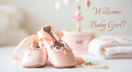 Pink ballet shoes with a pearl bracelet and baby items in the background, with text Welcome, Baby Girl!.の素材
